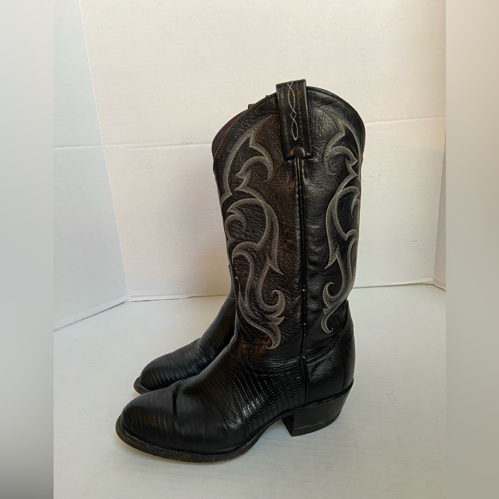 Tony Lama Cowboy Boots Black Wide Exotic Western Lizard Sz 6 EE Mens Leather